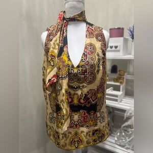 Dana Buchman 100% Silk Scarf Gold Paisley Print Baroque Blouse Top | Size 10